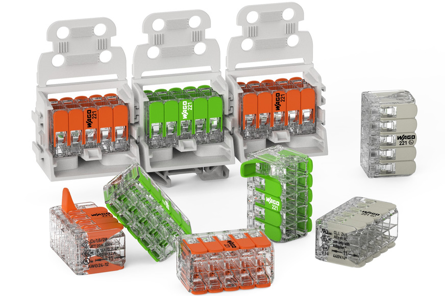 Wago: Doppelstöckige Verbindungsklemme mit Hebeln der Serie 221 und Zubehör zur Fixierung.