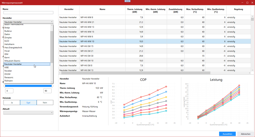 Hottgenroth: Auswahl der Wärmepumpe aus einem integrierten Katalog.
