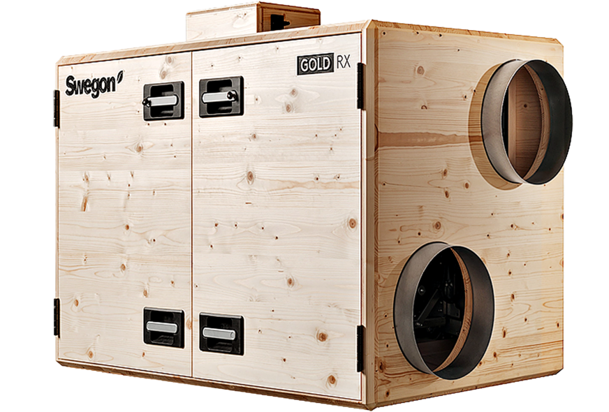 Swegon-Konzeptstudie: Gold-RLT-Gerät aus Holz.