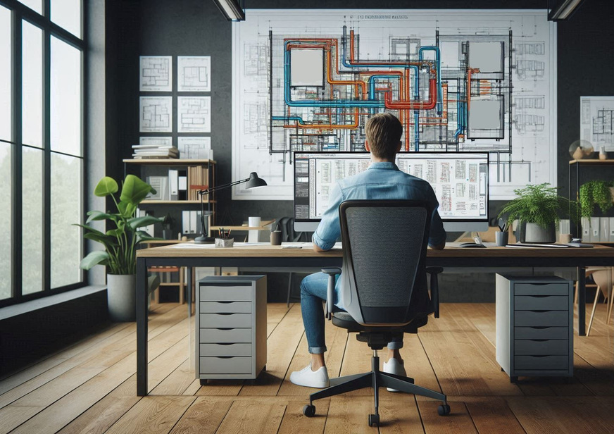 Bild 12 Smarte Planer: In TGA CAD-Programmen integrierte KI wird künftig das Zeichnen, Modellieren und die Leitungsplanung unterstützen (KI-generierte Abbildung).