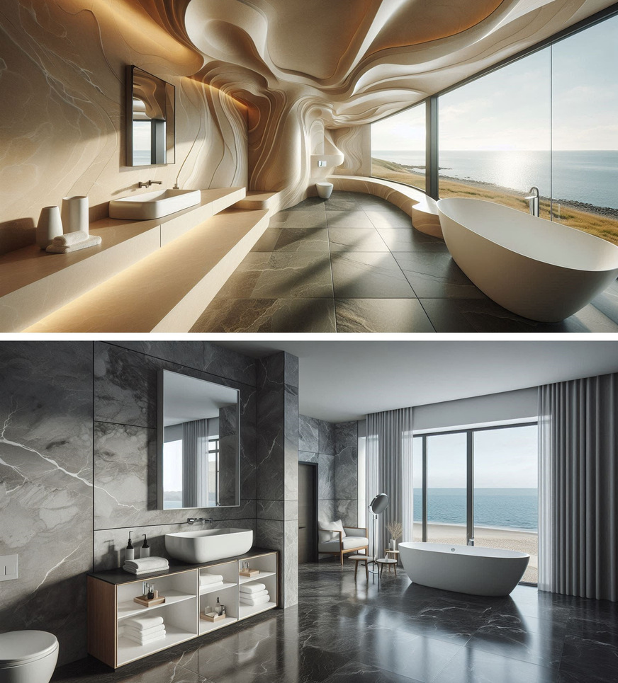 Bild 5 Mit präzise formulierten Prompts kann man mit KI-Bildgeneratoren beispielsweise Bad-Gestaltungsvorschläge erstellen (oben „exklusiv“, unten „konservativ“) …