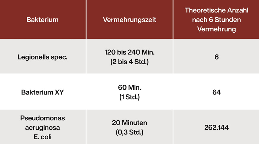 Bild 7 Theoretisch mögliche Anzahl an Bakterien in Abhängigkeit von ihrer Vermehrungs-geschwindigkeit, jeweils nach 6 Stunden.