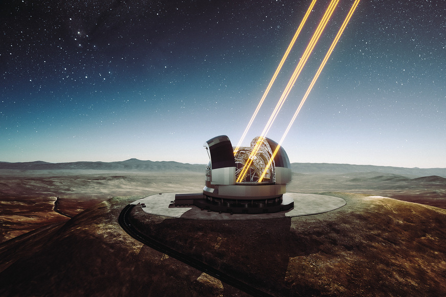Bis zu 8 sog. Leitstern-Lasersysteme werden dem ELT dabei helfen, mit seinem 39 m großen Hauptspiegel scharfe Aufnahmen des Weltalls zu machen.