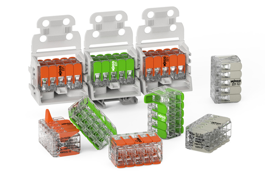 Wago: Doppelstöckige Verbindungsklemme mit Hebeln der Serie 221 und Zubehör zur Fixierung.