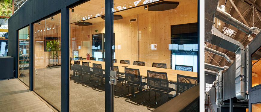 Bild 4 Die klimatisierten Konferenzräume bieten Platz für 6 bis 80 Personen. Ihre Fensterfronten geben den Blick in die Halle frei. Den RheinRiff-Gründern war wichtig, auch die Infrastruktur für die Klimatisierung der Räume formschön zu gestalten und jeden Raum individuell be- und entlüften zu können.