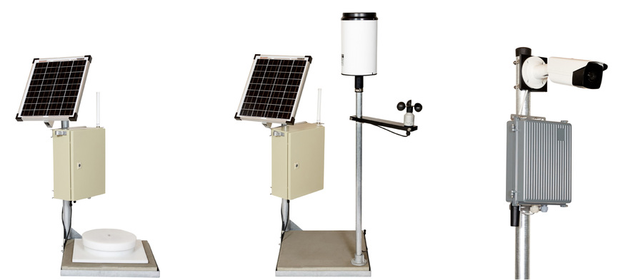 Bild 3 Basis Schneelast Messsystem (links), Basis System mit Niederschlags- und Windsensor (Mitte) und Kamera Überwachung für Flachdächer.