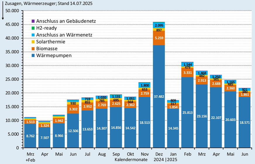 Zusagen (monatlich) bei der BEG-Heizungsförderung nach Wärmeerzeugern bis Ende Juni 2025.