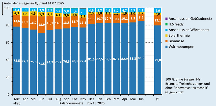 Anteil der Zusagen (monatlich und im Gesamtdurchschnitt) bei der BEG-Heizungsförderung nach Wärmeerzeugern bis Ende Juni 2025.