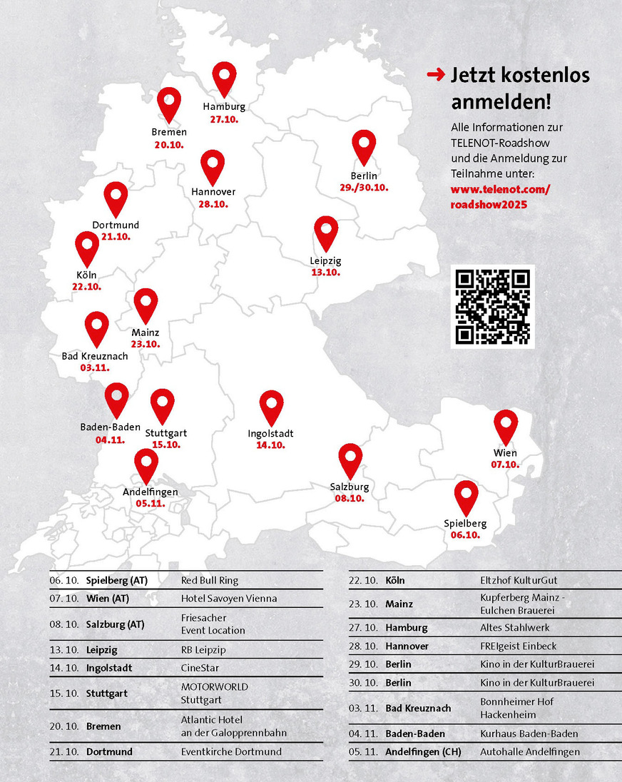 Die Stationen und Daten der Telenot-Roadshow 2025 in Deutschland, Österreich und der Schweiz auf einen Blick. 