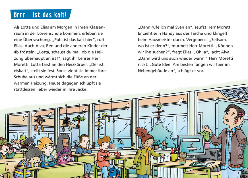 Doppelseite aus dem neuen Pixi Wissen-Buch „Die Energiesparfüchse und die neue Heizung“.