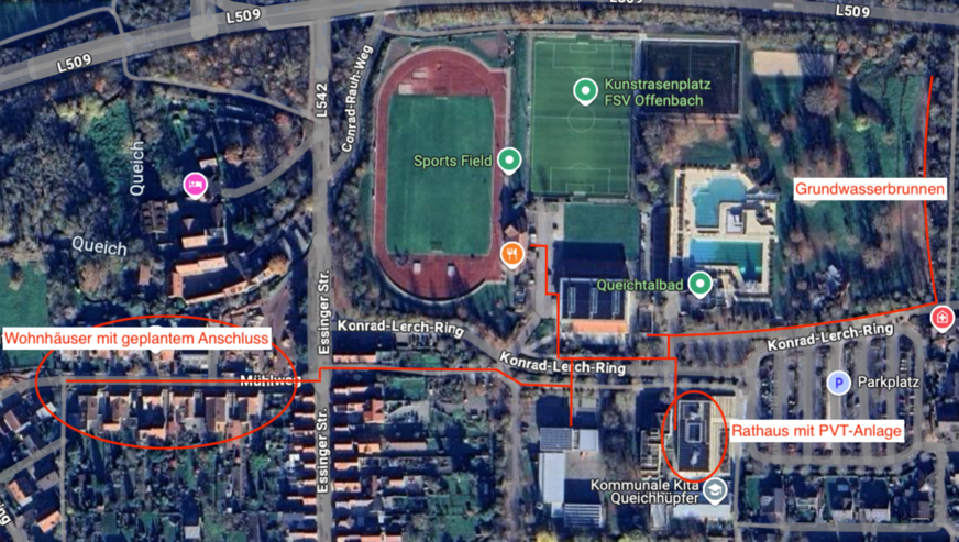 Bild 9 Offenbach an der Queich mit Rathaus mit 200 m2 PVT-Luft/Sole-Kollektoren und Wohngebiet, jeweils an kaltes Netz angeschlossen. Es handelt es sich vorwiegend um Doppelhäuser. Im östlichen Bereich werden zwei Mehrfamilienhäuser neu gebaut.