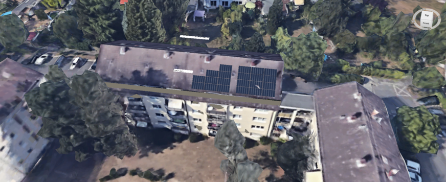 Bild 3 Das für die Sanierung mit dem Hybridkonzept vorgesehene Mehrfamilienhaus in Darmstadt mit für die Planung dargestellten PVT-Luft/Sole-Kollektoren.