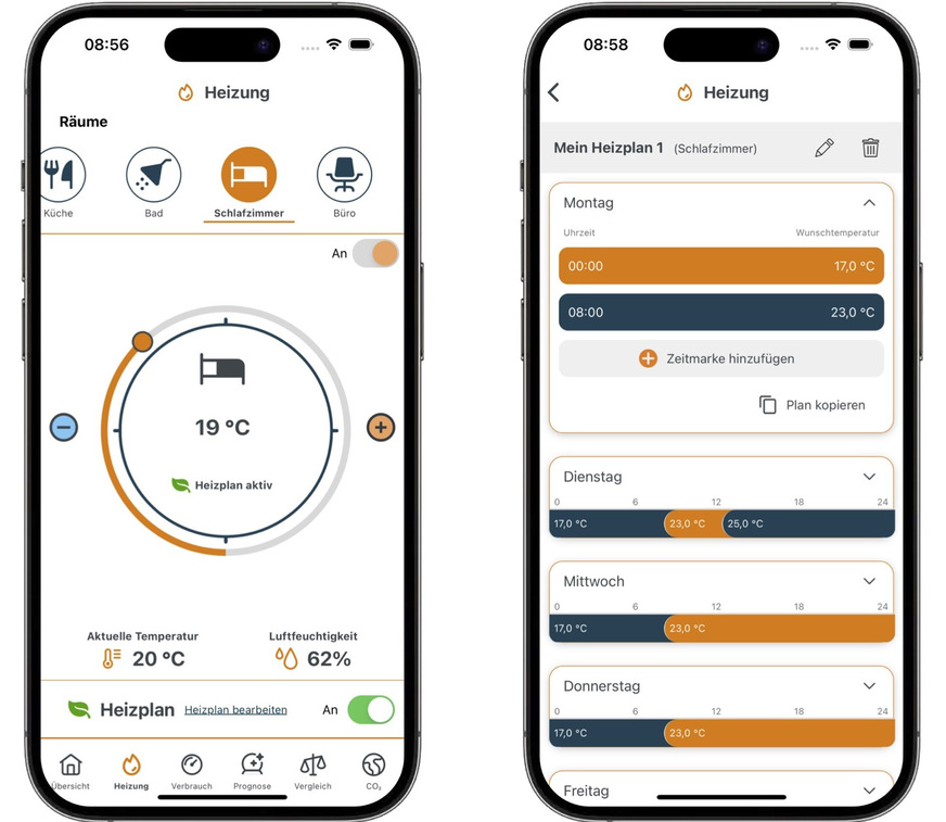 Bild 2 SECAI-App mit Heizungssteuerung und Heizplanerstellung.