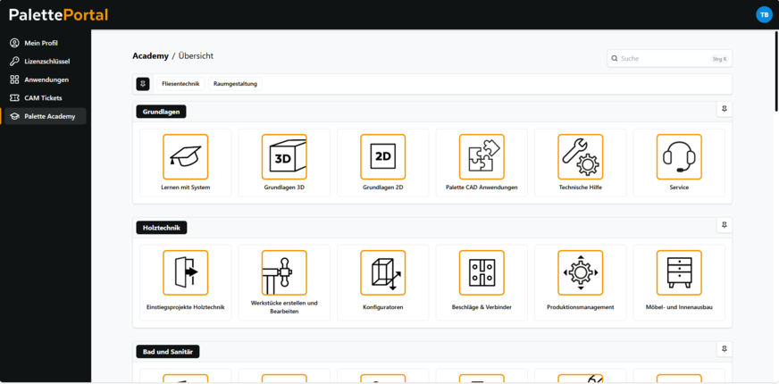 Klar strukturierte Kategorien für jeden Bereich im Palette Portal.