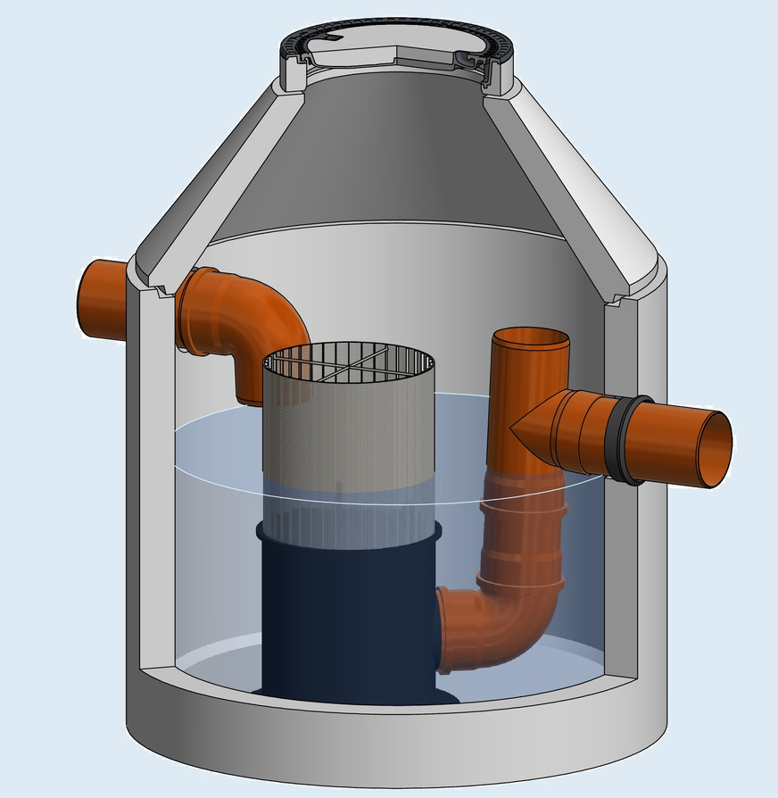 Bild 9 Isometrische Darstellung des Filterschachts: Zulauf von der Dachfläche (links) und rechts der Abfluss des gereinigten Wassers aus dem Inneren des Filtersieb-Zylinders in den Regenspeicher. Die Maschenweite des Edelstahl-Spaltsiebfilters beträgt 0,6 mm. Filtergut wird periodisch von oben abgesaugt.