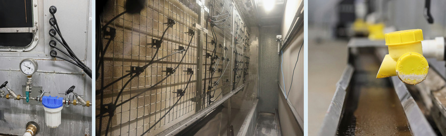 Bild 6 Für die neuen Sprühbefeuchter konnten die Gehäuse der ausgedienten Wäscher weiterverwendet werden. Links, in Luftrichtung hinter den Düsen, befinden sich die keramischen Elemente der Verdunstungseinheit. Auch die Abläufe aus den 1990er-Jahren leisten weiterhin gute Dienste.