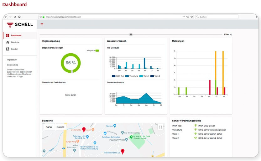 Bild 5 Mit Smart.SWS können Gebäudebetreiber und Facility-Manager ortsunabhängig Analysedaten abrufen, wichtige Statusmeldungen und Auswertungen gebäudeübergreifend prüfen sowie Einstellungen vornehmen. Farbige Kreis- und Balkendiagramme ermöglichen im Dashboard eine schnelle Zustandskontrolle aller Anlagen auf einen Blick.