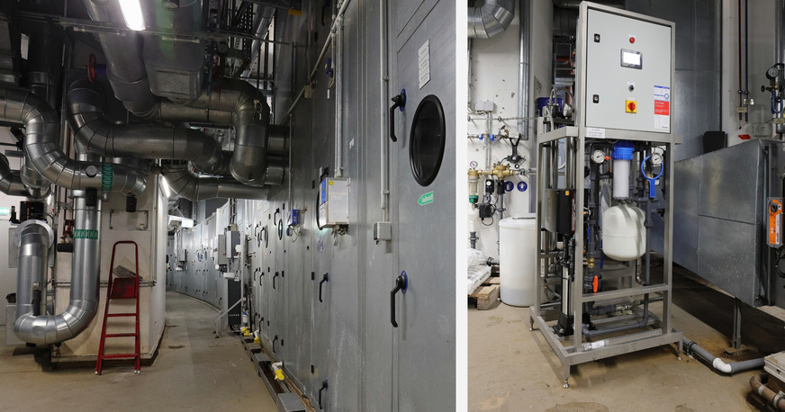 Bild 2 Zwei große Lüftungsanlagen mit einem Durchsatz von bis zu 136.000 m3/h (links) und eine kleinere Lüftungszentrale mit 6.250 m3/h versorgen die im Kastor arbeitenden Menschen mit konditionierter Luft. Die neue Wasseraufbereitungsanlage für die neue adiabatische Sprühbefeuchtung kombiniert eine Wasserenthärtung mit einer Umkehrosmose (rechts).