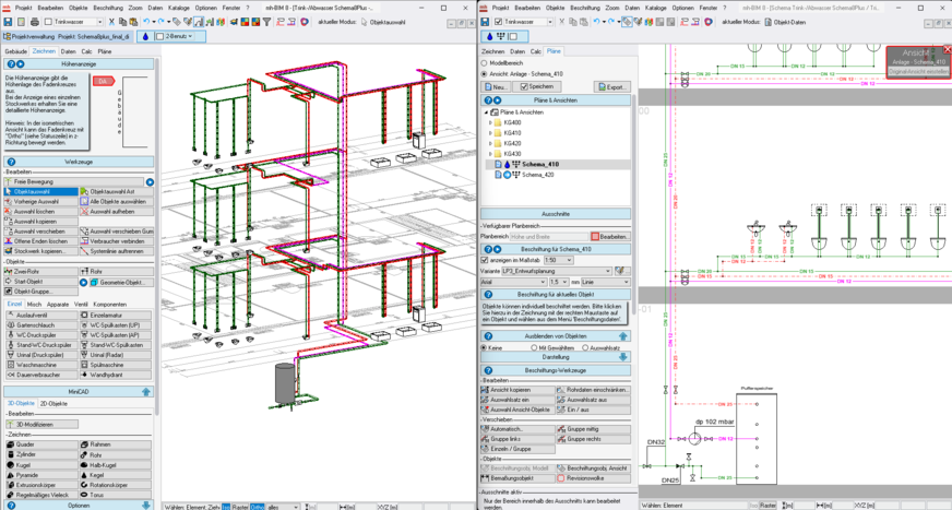 Bild 5 Parallele 2D- und 3D-Ansichten vereinfachen die Planung und Änderung der Leitungsführung.