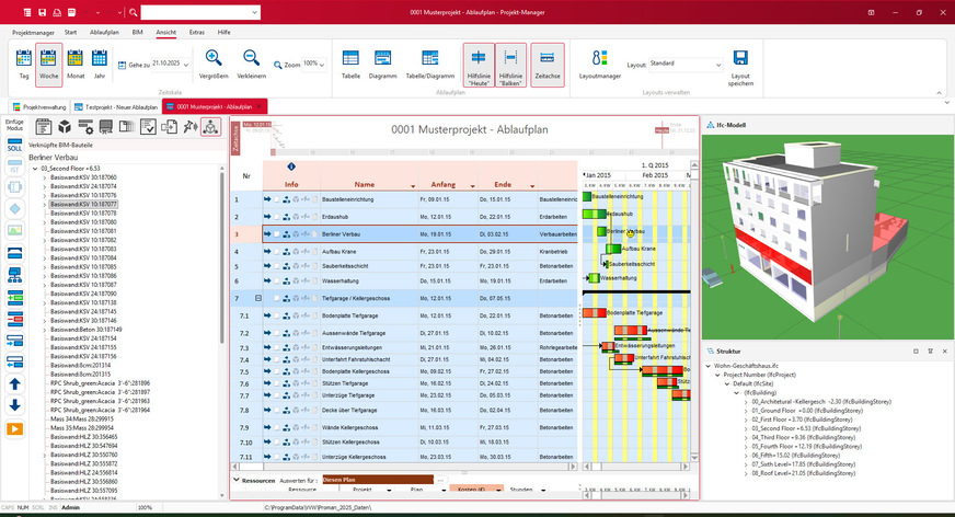 Weise Software: Werden BIM-Bauteile oder Gruppen im Projekt-Manager 2025 mit Vorgängen verknüpft, lassen sich Abläufe und Abhängigkeiten anschaulich visualisieren.