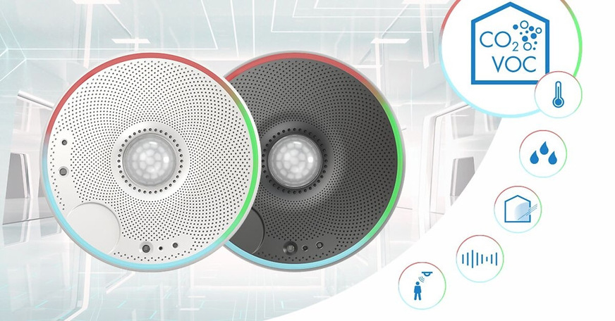Der Smart Sensor viaSens erfasst Temperatur, Feuchte, Helligkeit, Luftqualität (VOC, CO2), Bewegung (Präsenz) und Geräuschpegel.