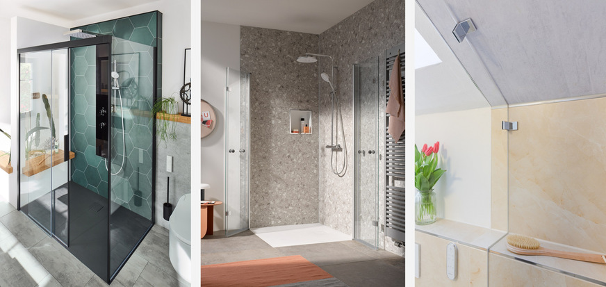 Bild 3 Links: Mit der „Atelier Plan“-Schiebetür eröffnet sich dem Badnutzer ein weitläufiges Betreten, ohne dass eine Tür in den Raum ragt, oder an Gegenstände, wie gegenüberliegende Waschtische, schlägt. Mitte: Schnelle Teilsanierung: Die „RenoDeco“-Wandverkleidungsplatten ermöglichen es, mit geringem Aufwand frischen Wind in die Badezimmer-Optik zu bringen. Die Duschkabine Favorit Nova bietet leichtgängige Drehfalttüren für einen großzügigen Einstieg. Rechts: Professionelle Lösung für Vorsprünge und Dachschrägen: Individueller Glaszuschnitt von rahmenlosen oder teilgerahmten Duschkabinen.