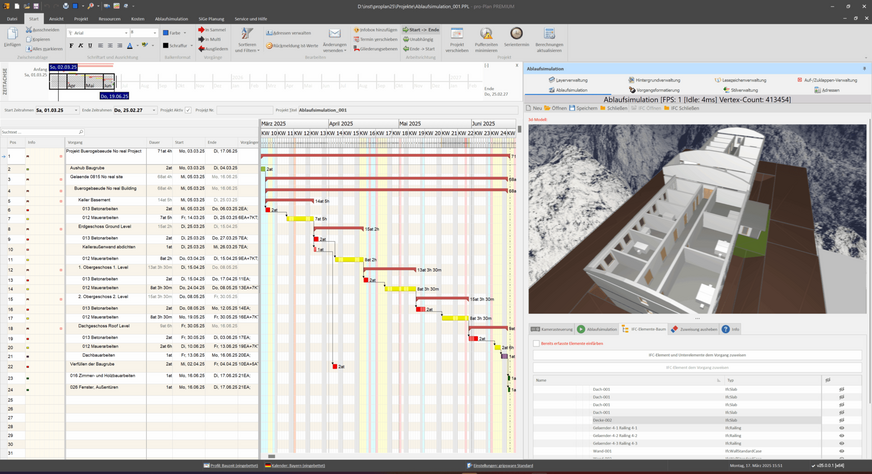 Bild 7 Werden Bauteile des BIM-Bauwerksmodells Bauzeiten und Terminen zugeordnet, lassen sich unter anderem Bauabläufe simulieren.