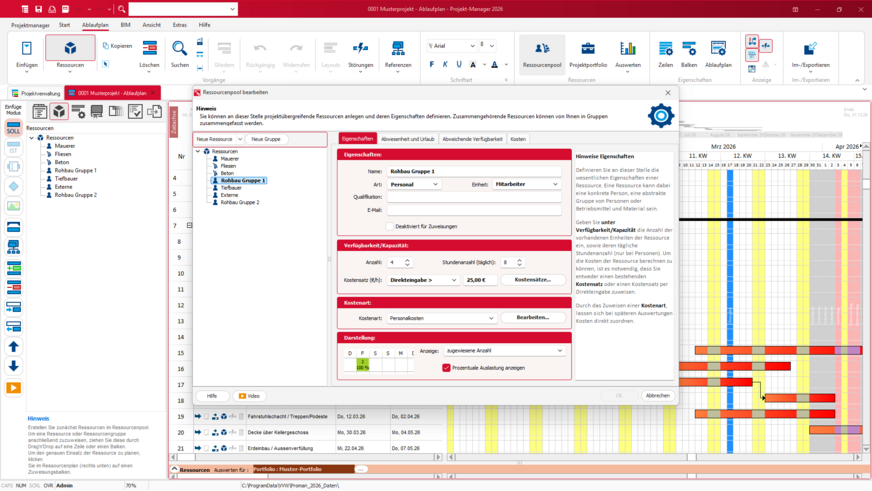 Bild 3 Einige Bauzeitenplaner ermöglichen auch eine Optimierung des Einsatzes von Mitarbeitern und Betriebsmitteln …