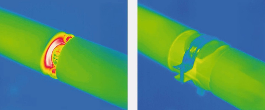 Bild 1 Links macht die thermografische Aufnahme vermeidbare Wärmeverluste an einer ungedämmten Aufhängung sichtbar. Rechts zeigt die wärmebrückenfreie Ausführung mit einem ArmaFix-Kälterohrträger eine normgerechte Aufhängung für kaltgehende Leitungen.