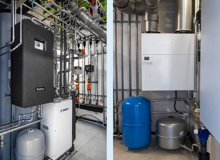 Bild 7 Frischwasserstation Logalux FS27/3 E für die Trinkwarmwasserversorgung (links). Rechts: Das Wohnungslüftungssystem Logavent HRV176-450 mit Wärmerückgewinnung eignet sich auch für die Belüftung von Büros.