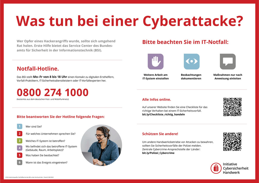 Bild 6 Ein downloadbares Poster listet wichtige Notfall-Verhaltensregeln bei einer Cyberattacke auf [6].