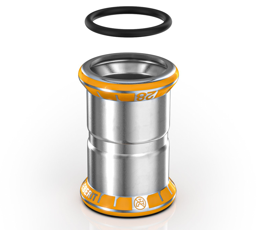 Bild 7 Die Mapress-Therm-Fittings sind mit einem orangefarbenen Pressindikator versehen, der gleichzeitig die Dimension angibt. Der Dichtring bietet zusätzliche Sicherheit zum Pressindikator. Durch seine Kontur sind unverpresste Verbindungen bei der Druckprüfung undicht.