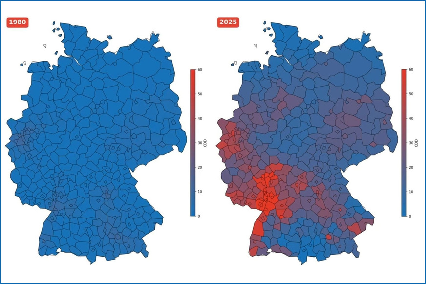 Der Techem Hitzeatlas Deutschland zeigt auf Stadt- und Bundesland-Ebene, welche Regionen aktuell besonders stark von Hitze betroffen sind und wo die Temperaturen in den vergangenen Jahrzehnten am deutlichsten gestiegen sind.