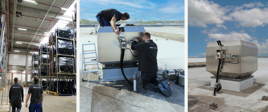 Bild 2 Blick in das Reifenlager und auf einen der Brandgas-Dachventilatoren für einen sicheren Rauchabzug. Auf dem Dach: Servicetechniker rüsten einen Brandgas-Dachventilator mit der Lager-Zustandsdiagnostik aus; sie gewährleistet eine maximale Betriebssicherheit der Entrauchungsanlage.