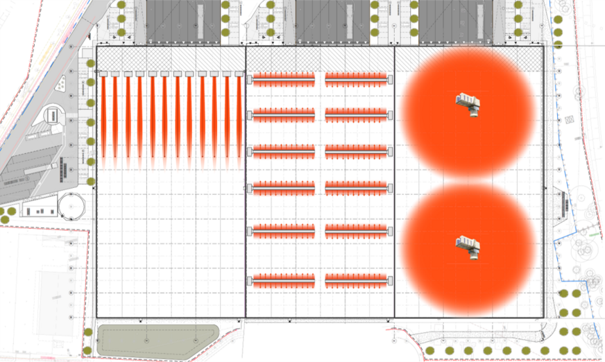 Bild 2 Systemvergleich: Heizen und Kühlen einer 10.000-m2-Halle mit Split-System mit Auslassdüsen (links), mit Textilschläuchen (Mitte) und mit dezentralen Hallen-Klimasystemen (rechts).