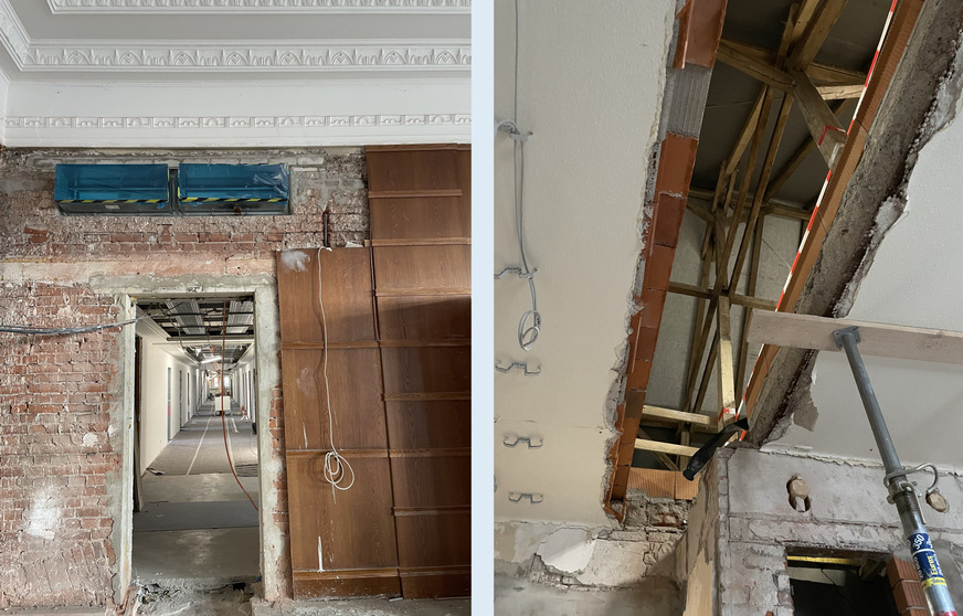 Bild 3 Eine zentrale Vorgabe der Denkmalschutzbehörde war, nicht nur im Außenbereich, sondern auch im Innenbereich bauzeitliche Bauteile des in den 1920er-Jahren errichteten Gebäudes zu schützen. Rechts: Im Gegensatz zu den Decken der Vollgeschosse hat die Decke zum Dachgeschoss eine Tragfähigkeit von nur 100 kg/m2 (statt 300 kg/m2). Die zentrale Lüftungstechnik benötigte deshalb eine statisch entkoppelte Tragkonstruktion.