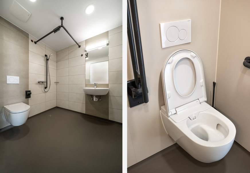 Bild 8 Die barrierefreien Bäder verbinden ein hochwertiges Ambiente und klare Farbkontraste für Menschen mit Seheinschränkungen mit optimaler Hygiene, Pflegeleichtigkeit und Sicherheit. Mit dem spülrandlosen Geberit Dusch-WC AquaClean Alba genießen Bewohner eine schonende und komfortable Reinigung, gleichzeitig wird das Pflegepersonal entlastet.