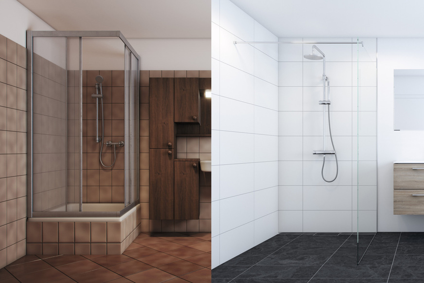 Links: Das in die Jahre gekommene Bad mit erhöhter Duschwanne. Rechts: Das modernisierte barrierefreie Bad, hier abgebildet mit der Duschrinne CeraWall Connect von Dallmer.