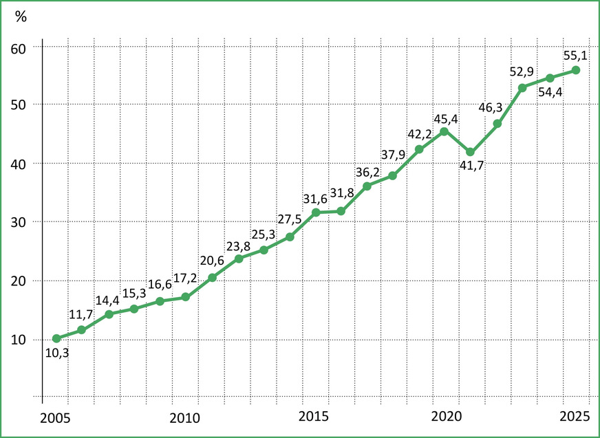 Bild 7 Entwicklung des Anteils erneuerbarer Energien am Bruttostromverbrauch von 2005 bis 2025.