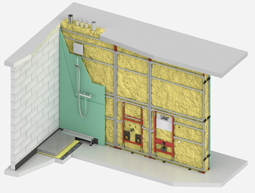 Bild 5 Bei Installationstrennwänden sorgt Tecesystem-Pro mit einer hohlraumfreien, mineralischen Einblasdämmung gemäß aBG zuverlässig für den vertikalen und horizontalen Brandschutz.