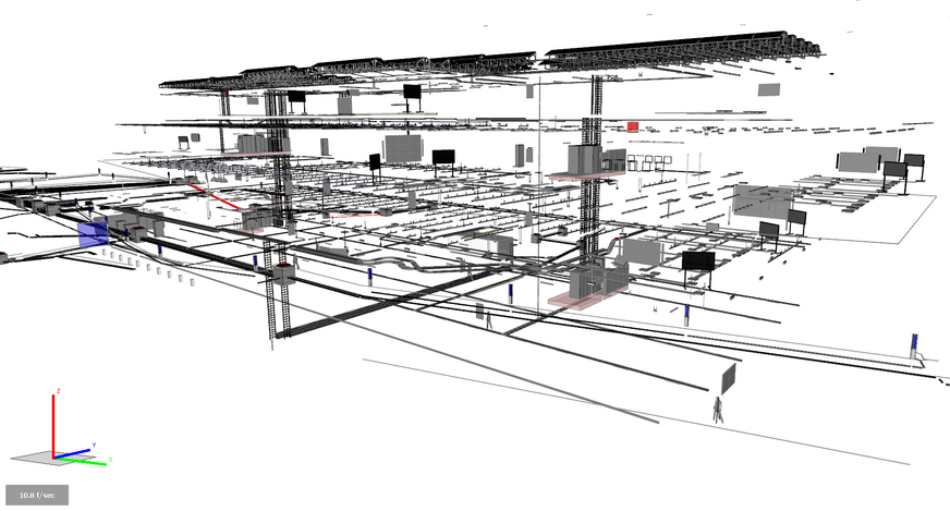 Bild 1 Teil der BIM-Planung für die Elektro-Installationen in der „Viega World“. Die Trassen sind wie die Sensoren oder Bedien- und Schaltkomponenten etc. bereits mit einer Fülle an Fachinformationen hinterlegt.