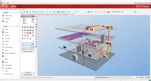 Die TGA-Planungssoftware ETU-Planer ermöglicht die 3D-Planung, Berechnung, Visualisierung und Dokumentation von HKLS-Systemen. 
