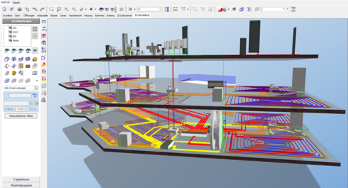 Die HKLS-Komplettlösung bietet eine 3D-Gebäude- und Installationsplanung sowie eine Vielzahl energetischer und technischer Berechnungen im TGA- und SHK-Bereich.  - © Hottgenroth Software AG