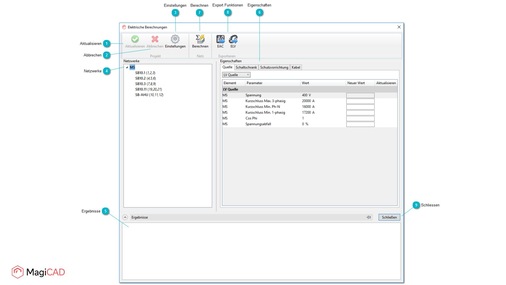 MagiCAD Electrical ermöglicht wichtige elektrische Berechnungen, wie Spannungsabfall, Kabellängenberechnung, Kurzschluss oder die Kabeldimensionierung.