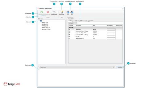 MagiCAD Electrical ermöglicht wichtige elektrische Berechnungen, wie Spannungsabfall, Kabellängenberechnung, Kurzschluss oder die Kabeldimensionierung. - © MagiCAD Group