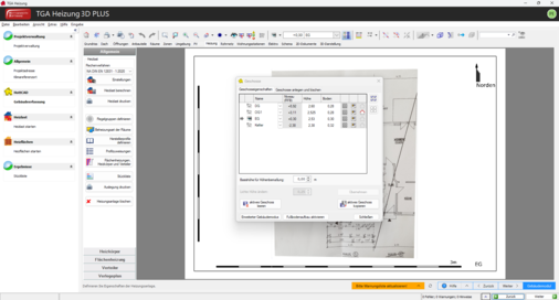 Alt-Text-Vorschlag: „Screenshot einer deutschsprachigen TGA-Planungssoftware mit sichtbarem Gebäudegrundriss und geöffnetem Dialogfeld zur Eingabe technischer Gebäudedaten, beispielhaft für digitale Planung und BIM-Anwendungen in der Gebäudetechnik.“. - © Hottgenroth Software AG
