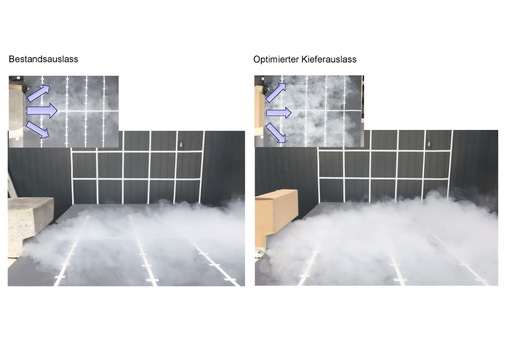 Strömungsvisualisierung mit weißem Nebelfluid im Vergleich zwischen Bestand (links) und optimiertem Luftdurchlass (rechts) zur qualitativen Bewertung der Raumströmung.