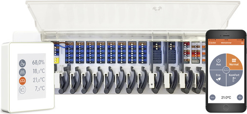 Bild 8: Das Regelsystem Caleonbox mit installationsfreundlicher Klemmleiste, Raumcontroller Smart Room und Smartphone-App.