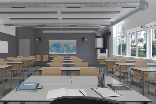 Klassenzimmer mit installiertem Schullüftungssystem von Zehnder.