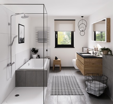 Kaldewei: Badewanne Cayono Duo, die bodenebene Duschfläche Cayonoplan und ein Cayono-Waschtisch.